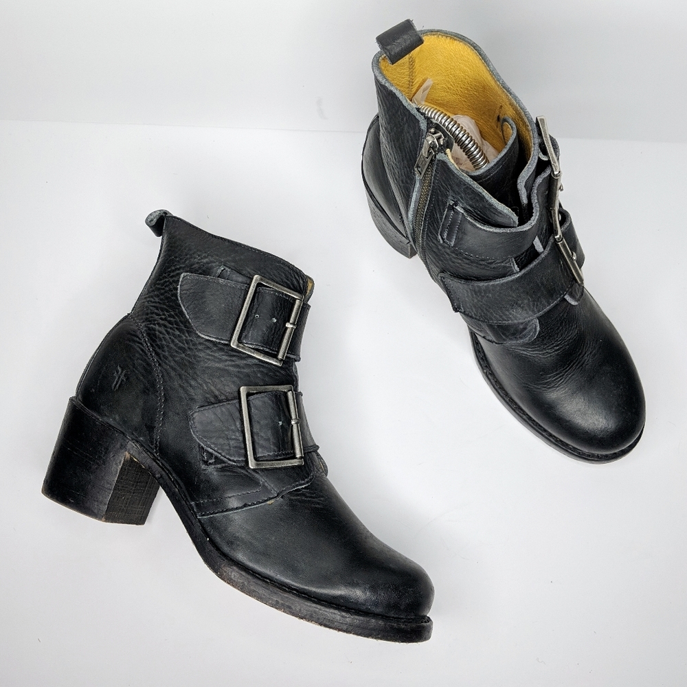 Frye Black Leather Double Buckle Ankle Boots